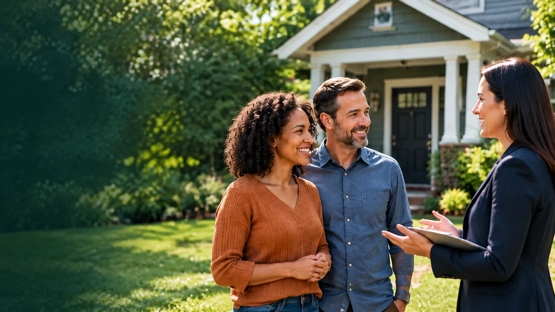 Homeowners talking through their options with a real estate adviser outside their home